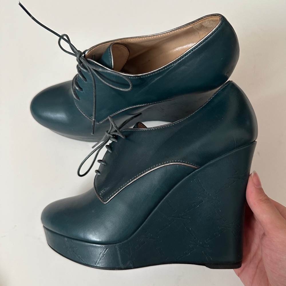 Longchamp Women’s Balzane Derby Derbies Teal Lace Up Wedge Shoes Size 5.5 / 36
